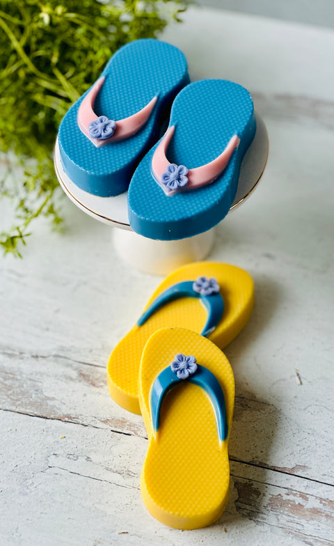 a pair of blue and yellow flip flops sitting on top of a table