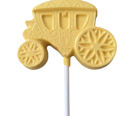 a yellow lollipop with a horse drawn carriage on it