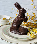 a chocolate bunny sitting on top of a plate