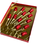 a close up of a box of red roses