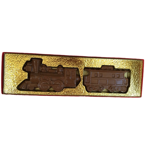 two chocolate trains in a red and gold box