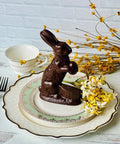 a chocolate bunny sitting on top of a plate