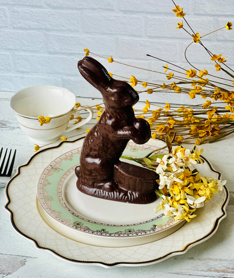 a chocolate bunny sitting on top of a plate