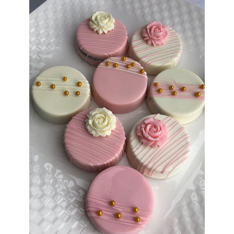 Pink & White Flowered Chocolate Covered Oreos (Set 0f 12)