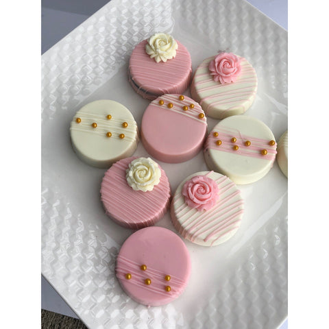 Pink & White Flowered Chocolate Covered Oreos (Set 0f 12)