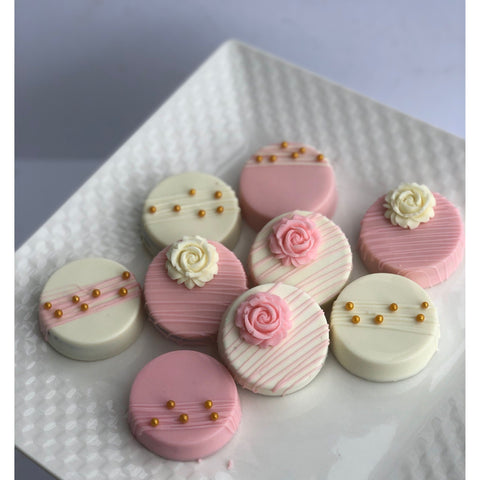 Pink & White Flowered Chocolate Covered Oreos (Set 0f 12)